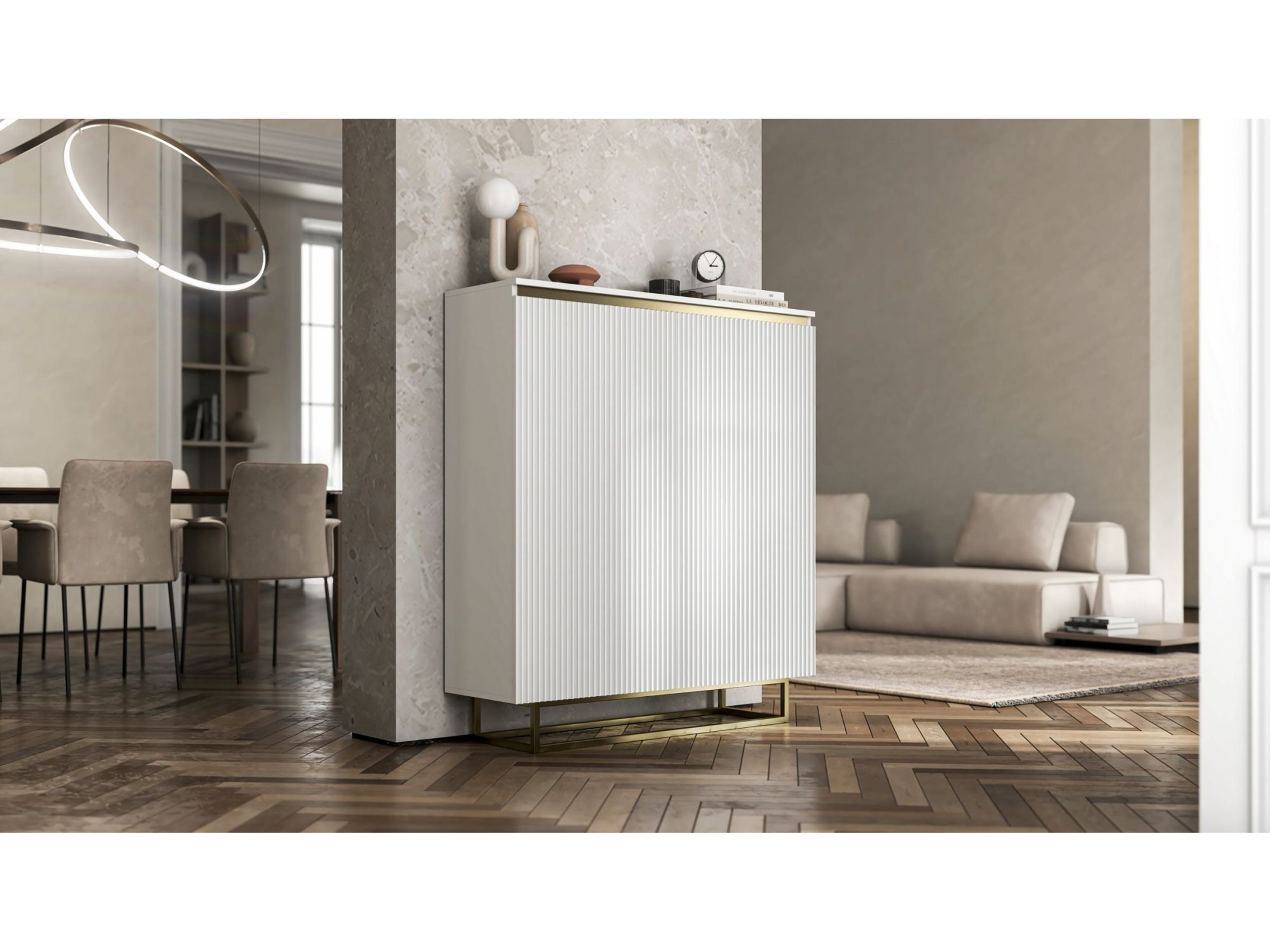 Stojąca komoda Glamour SELENE Biały Mat 111 cm na złotej ramie