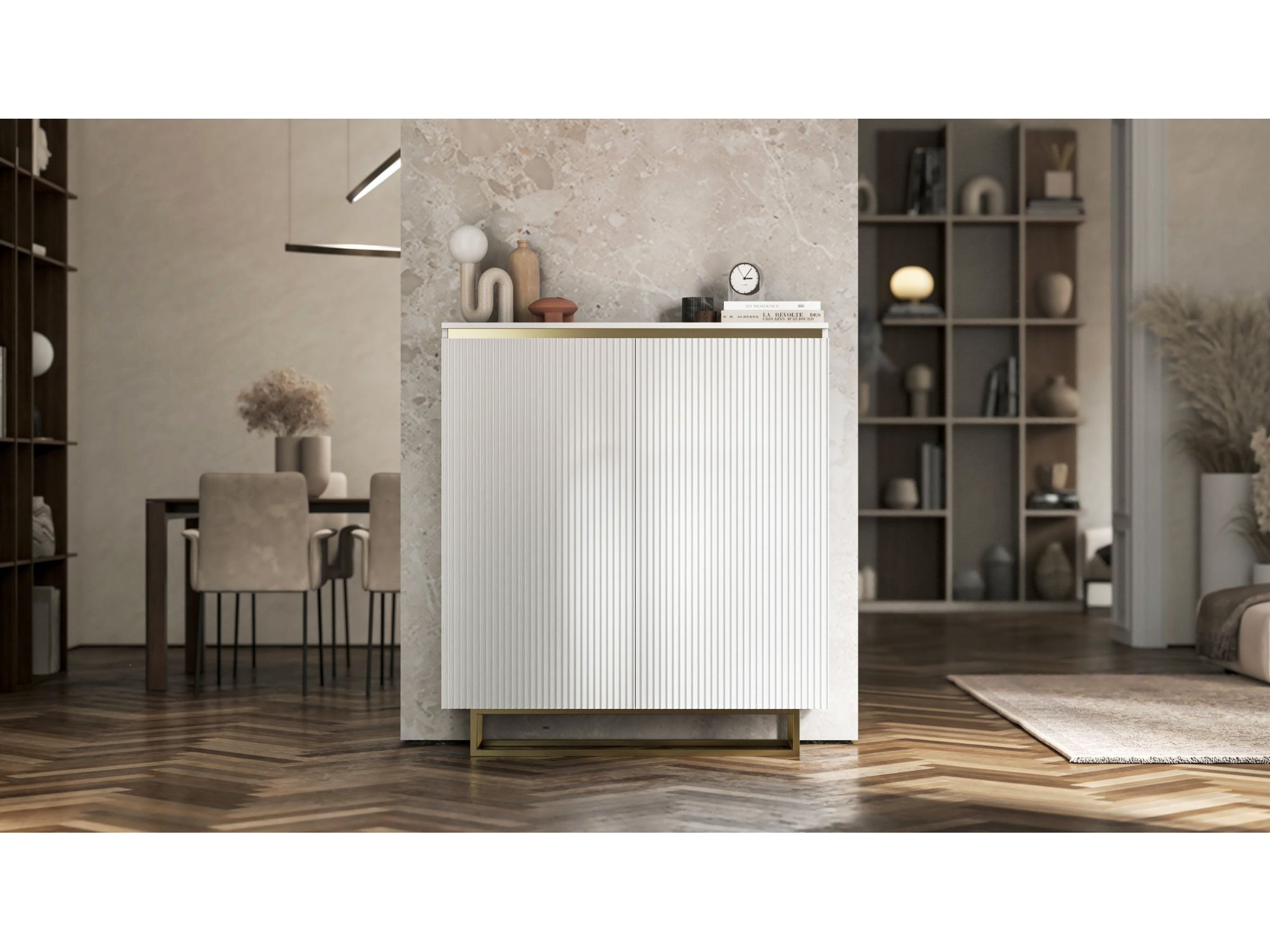 Stojąca komoda Glamour SELENE Biały Mat 111 cm na złotej ramie