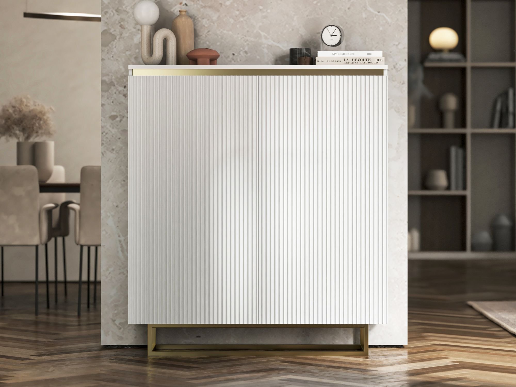 Stojąca komoda Glamour SELENE Biały Mat 111 cm na złotej ramie