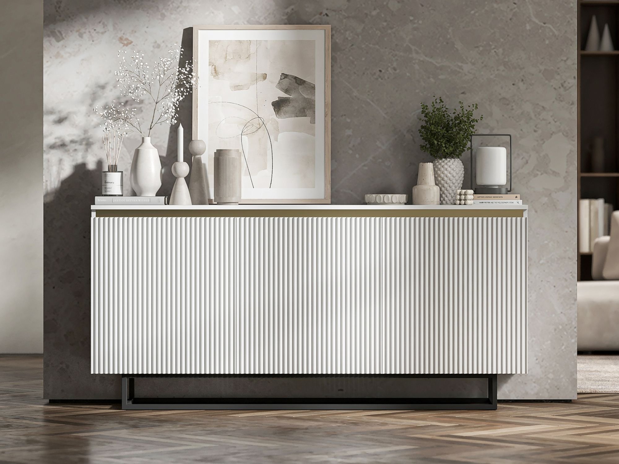 Komoda Glamour Biały Mat 167 cm Selene, na Czarnej Ramie, Dobra Cena, Sklep Online | Meble Lindner