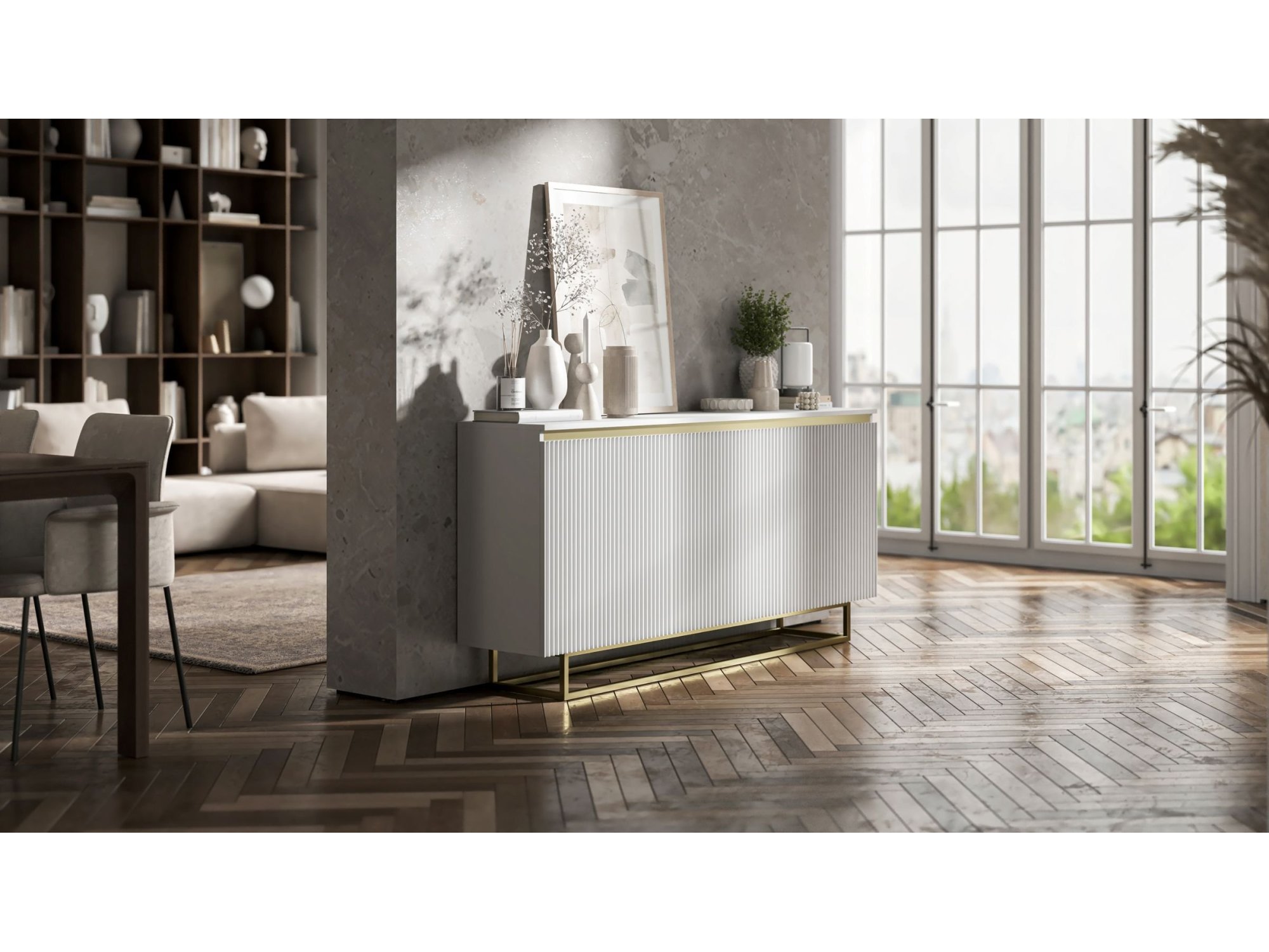 Komoda Glamour Biały Mat 167 cm Selene, na Złotej Ramie, Dobra Cena, Sklep Online | Meble Lindner