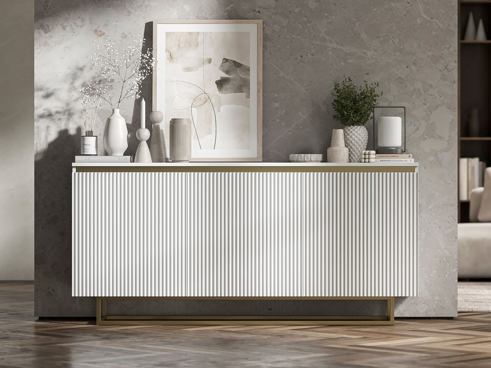 Komoda Glamour Biały Mat 167 cm Selene, na Złotej Ramie, Dobra Cena, Sklep Online | Meble Lindner