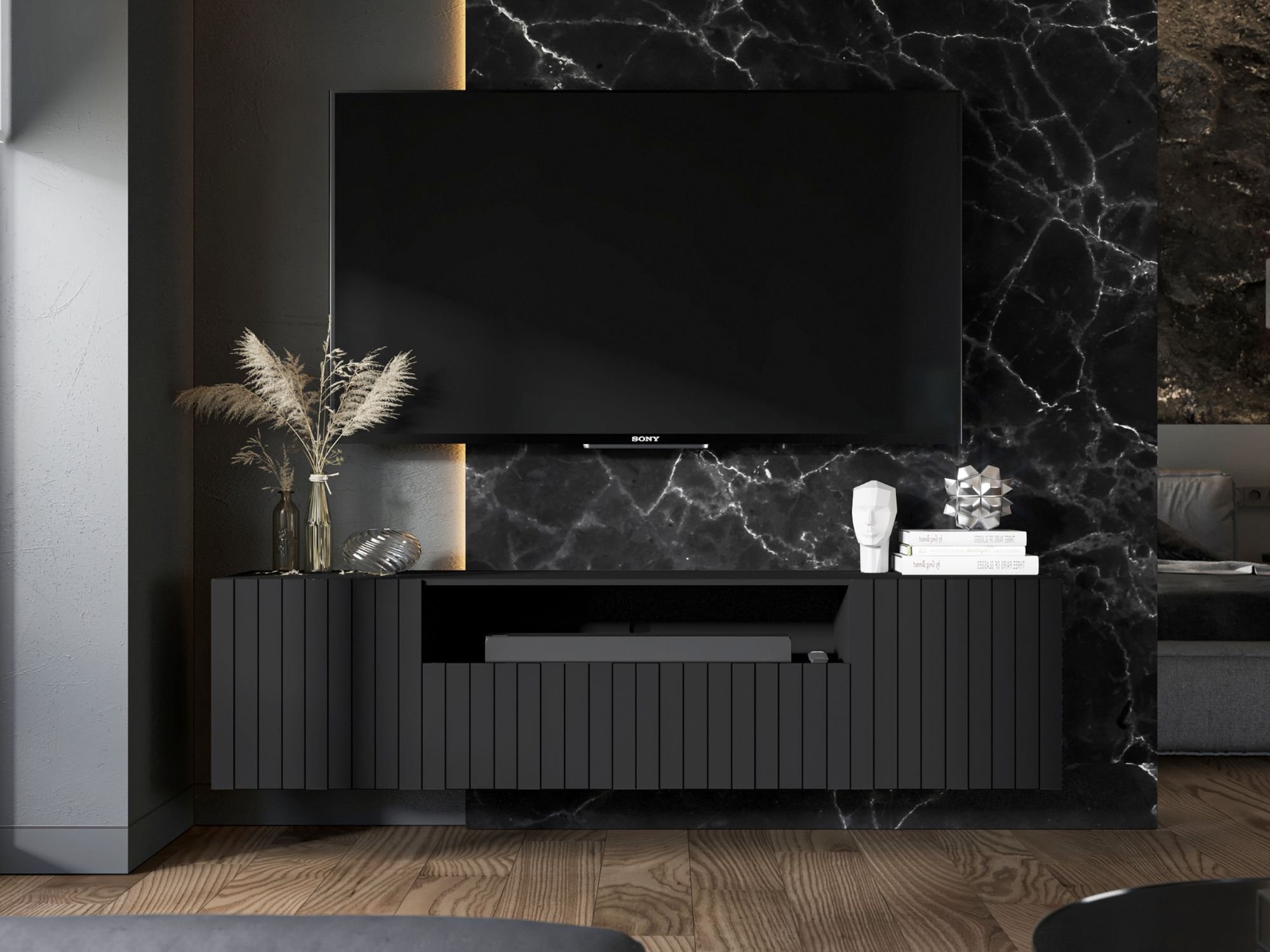 Wisząca szafka RTV Glamour ELPIS Czarny Mat 150 cm