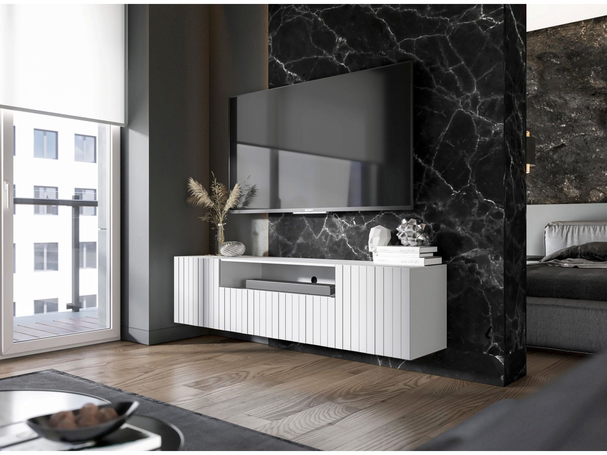 Wisząca szafka RTV Glamour ELPIS Biały Mat 150 cm