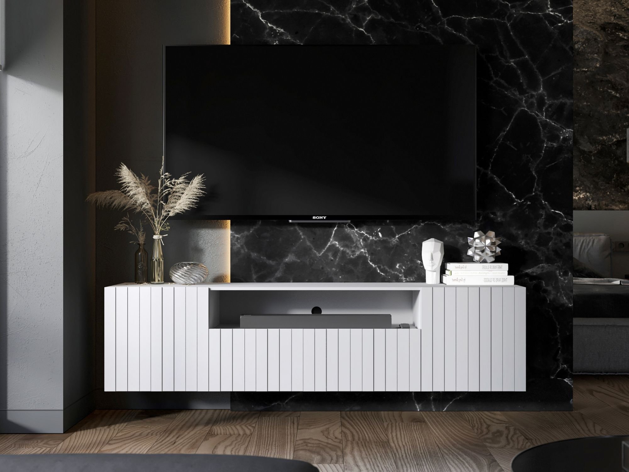 Wisząca szafka RTV Glamour ELPIS Biały Mat 150 cm