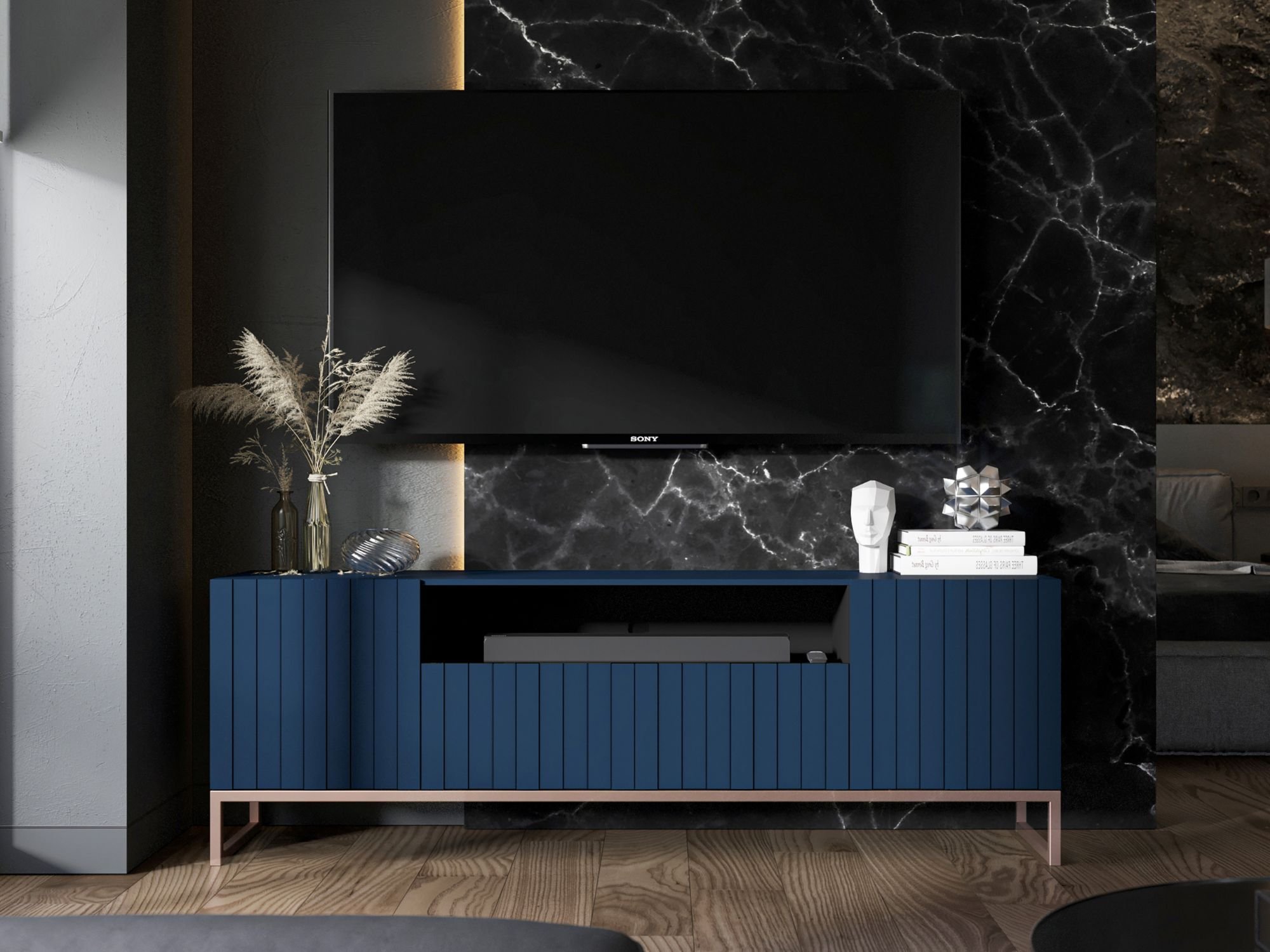 Stojąca szafka RTV Glamour ELPIS Granatowy Mat 150 cm na miedzianej ramie