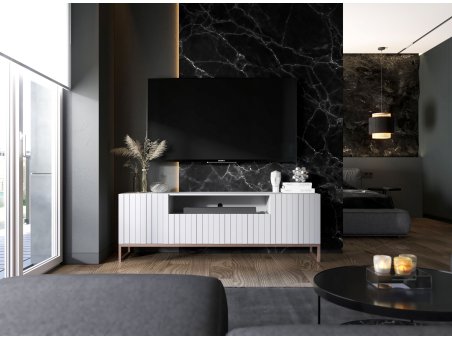 Stojąca szafka RTV Glamour ELPIS Biały Mat 150 cm na miedzianej ramie2