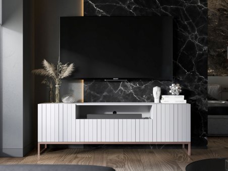 Stojąca szafka RTV Glamour ELPIS Biały Mat 150 cm na miedzianej ramie1