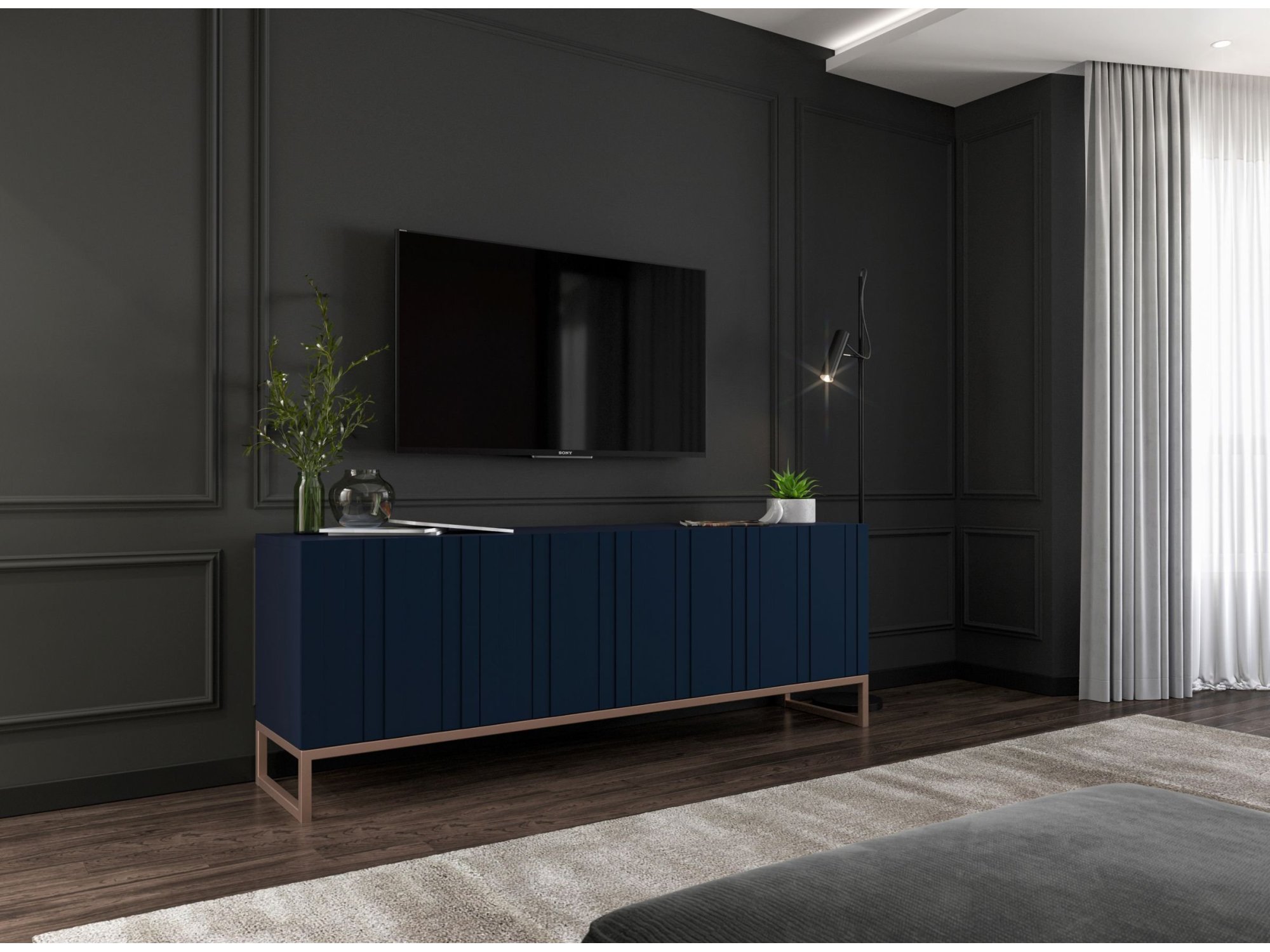 Stojąca szafka RTV Glamour ELPIS Granatowy Mat 150 cm na miedzianej ramie