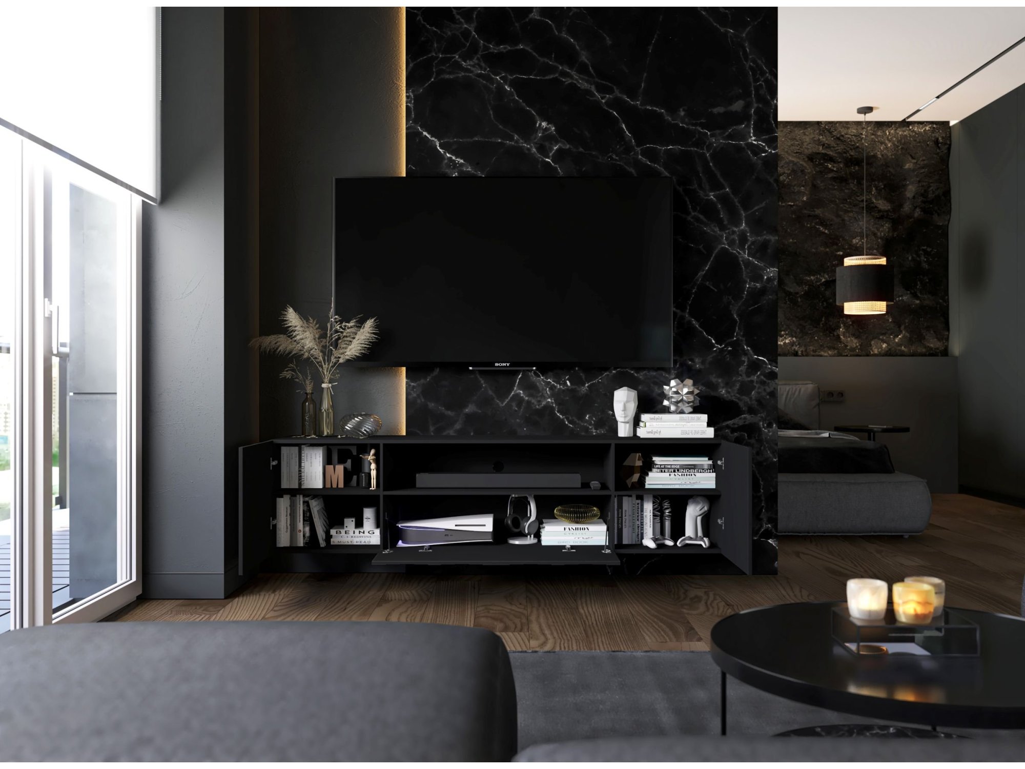 Wisząca szafka RTV Glamour ELPIS Czarny Mat 300 cm