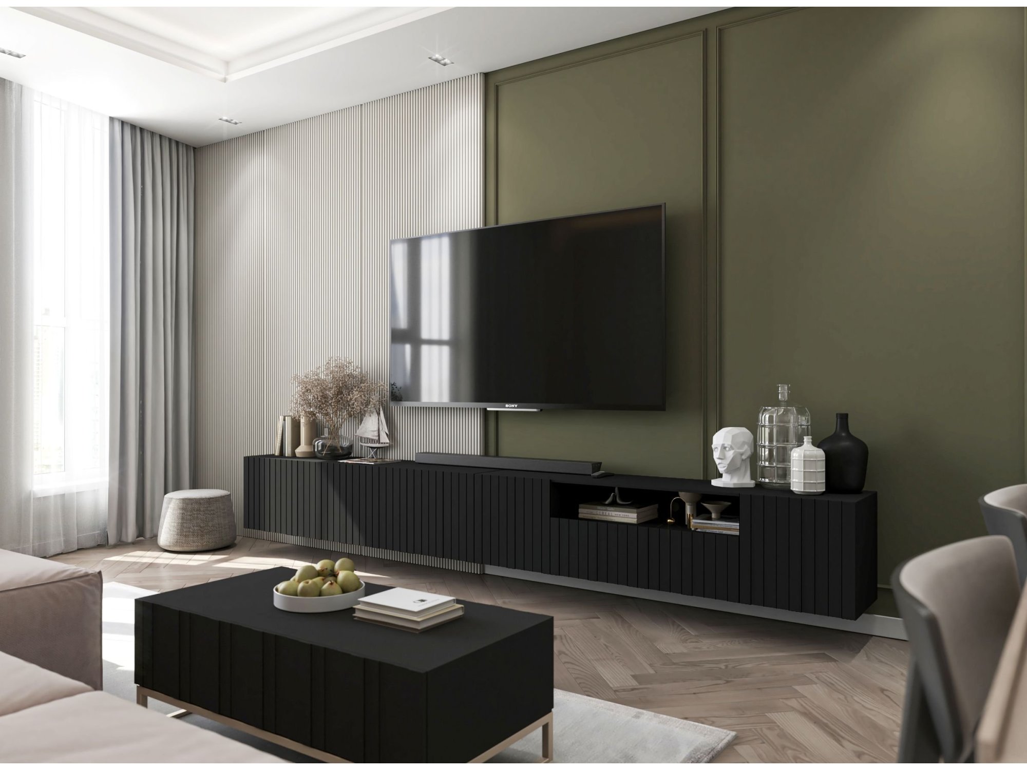 Wisząca szafka RTV Glamour ELPIS Czarny Mat 300 cm