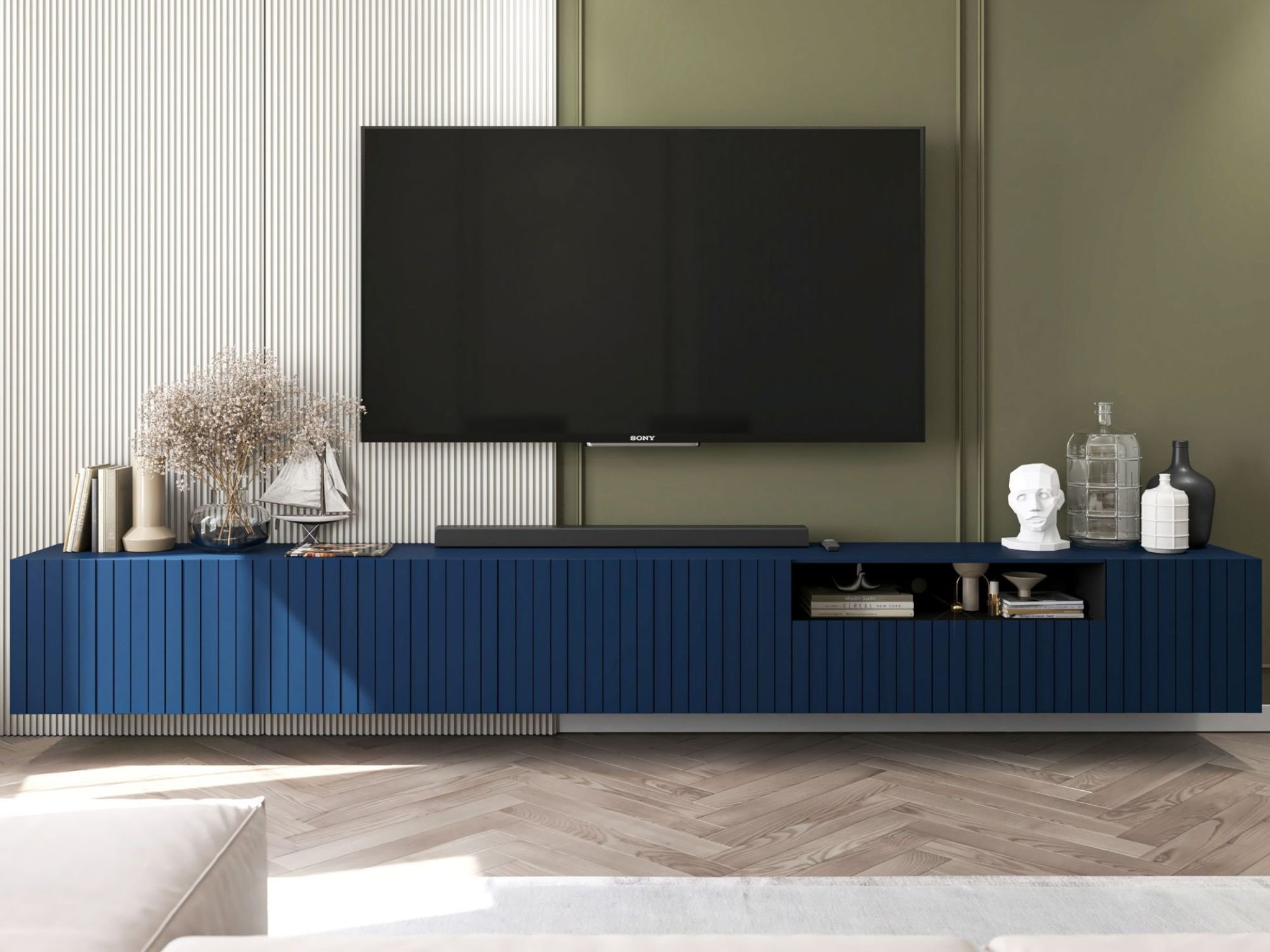 Wisząca Szafka RTV Glamour ELPIS Granatowy Mat 300 cm, Dobra Cena, Sklep Online | Meble Lindner