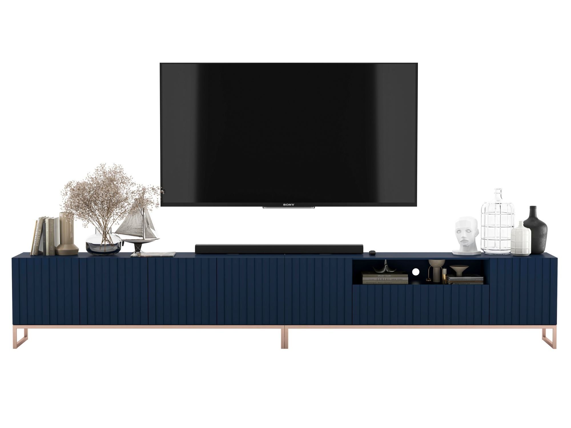 Stojąca szafka RTV Glamour ELPIS Granatowy Mat 300 cm na miedzianej ramie