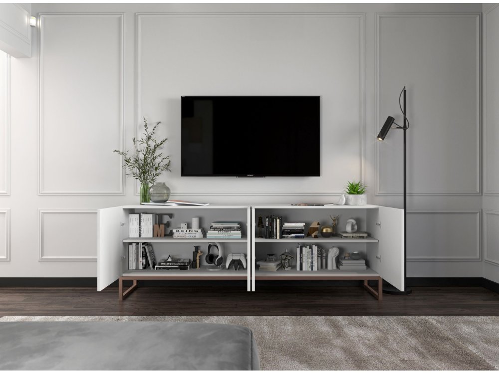Stojąca szafka RTV Glamour ELPIS Biały Mat 300 cm na miedzianej ramie