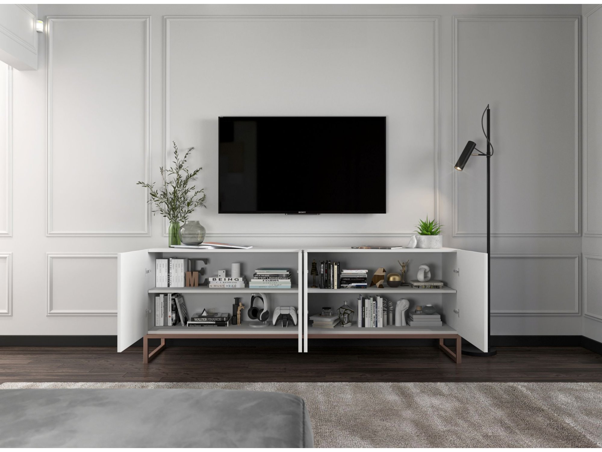 Stojąca szafka RTV Glamour ELPIS Biały Mat 300 cm na miedzianej ramie