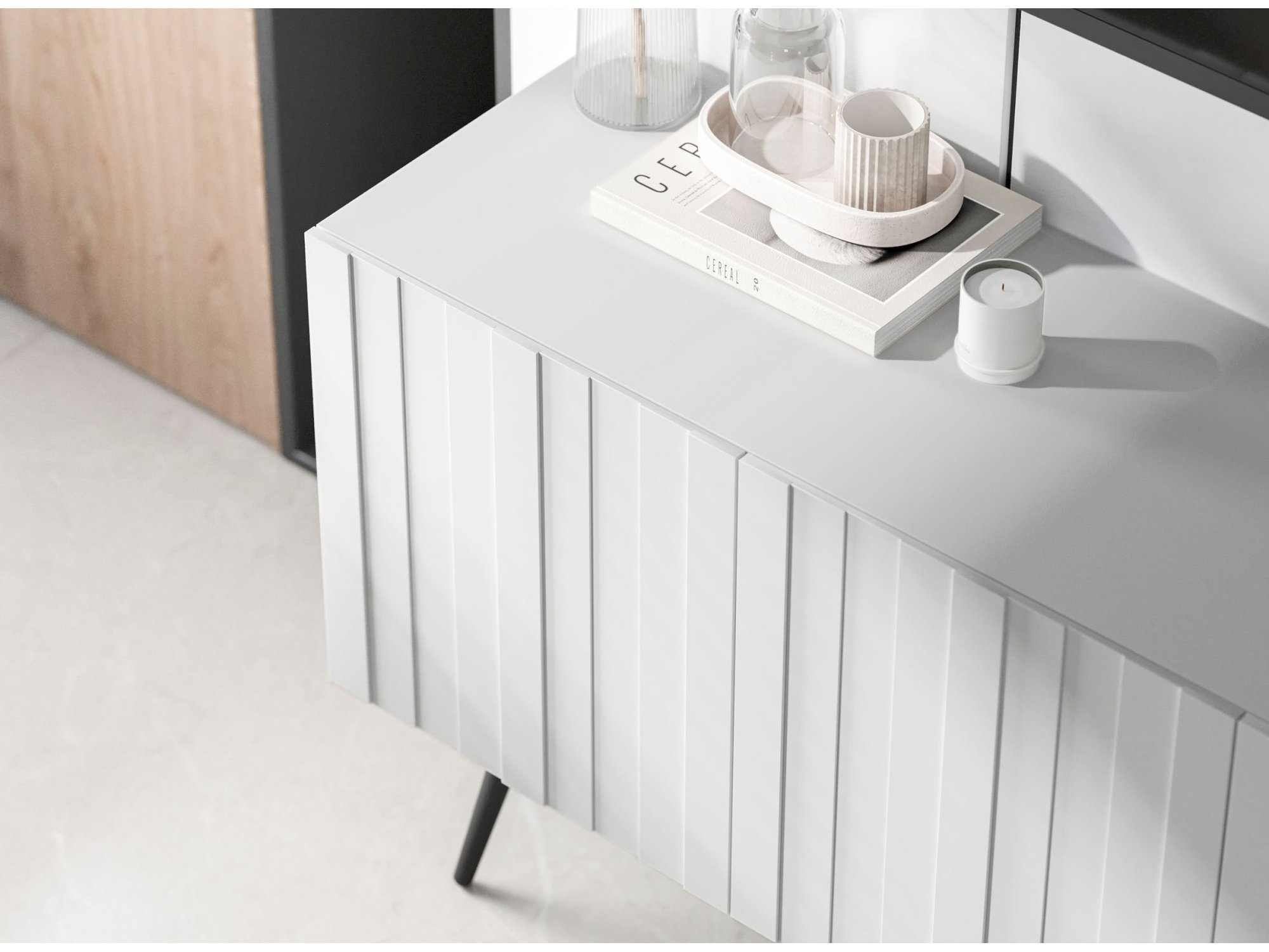 Stojąca szafka RTV Glamour ELPIS Biały Mat 300 cm na miedzianej ramie