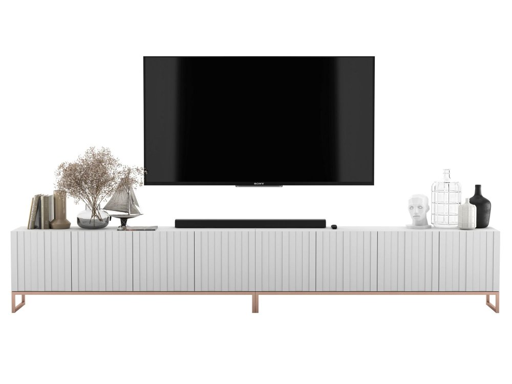 Stojąca szafka RTV Glamour ELPIS Biały Mat 300 cm na miedzianej ramie