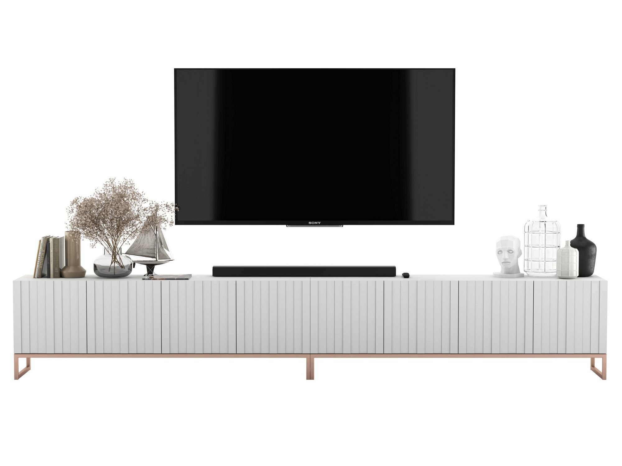 Stojąca szafka RTV Glamour ELPIS Biały Mat 300 cm na miedzianej ramie