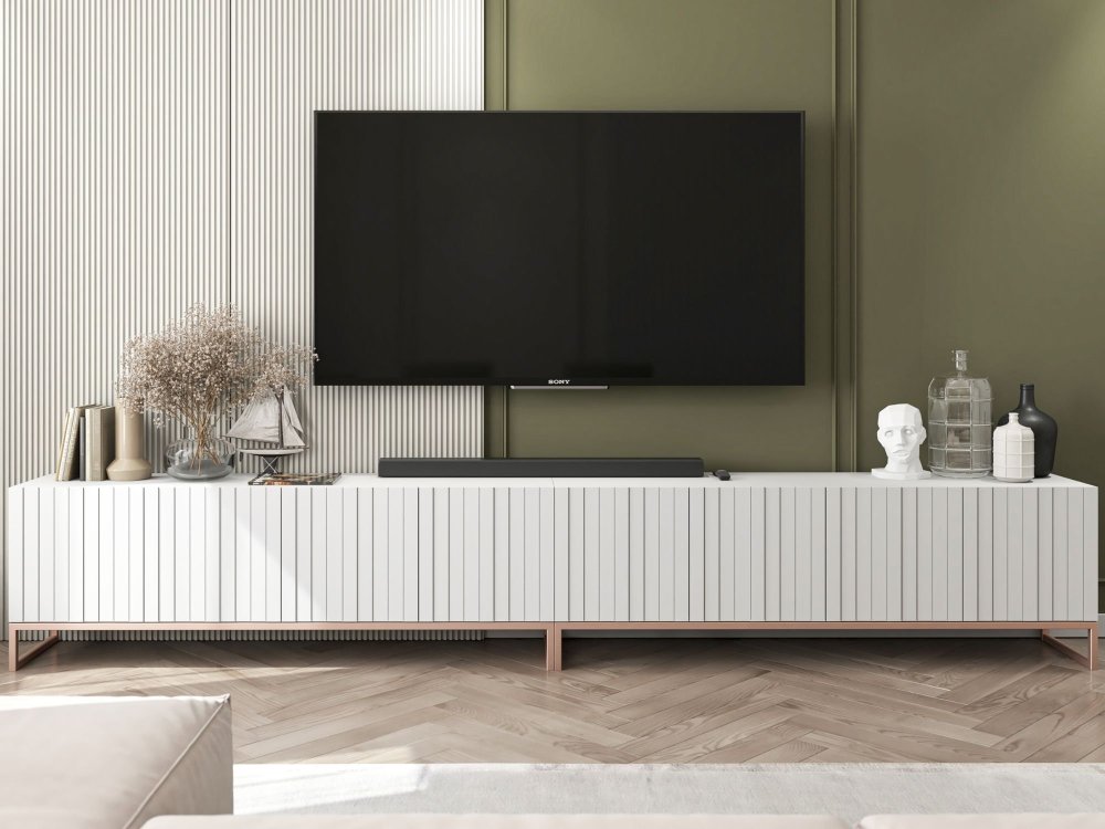 Stojąca szafka RTV Glamour ELPIS Biały Mat 300 cm na miedzianej ramie