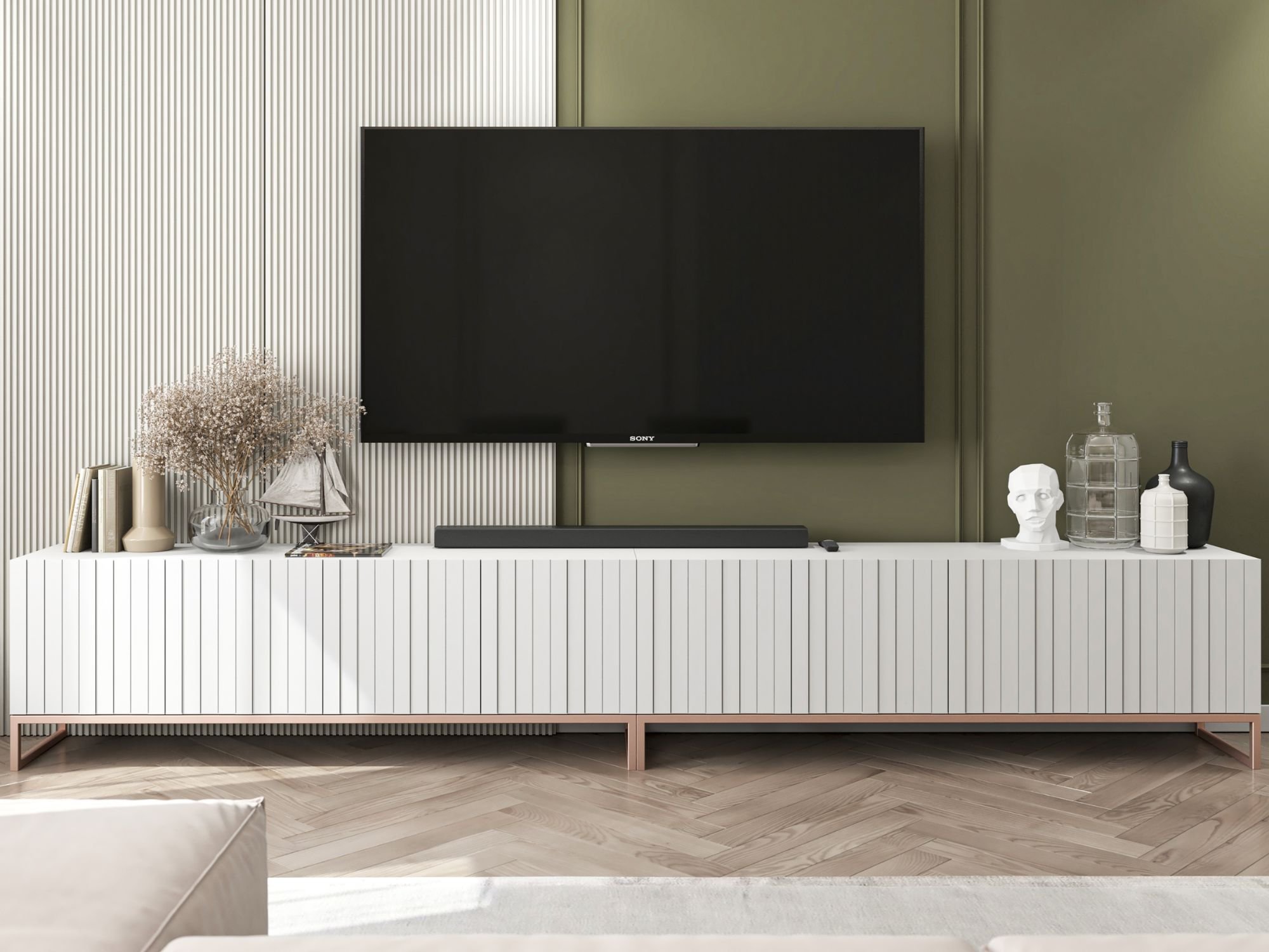 Stojąca szafka RTV Glamour ELPIS Biały Mat 300 cm na miedzianej ramie