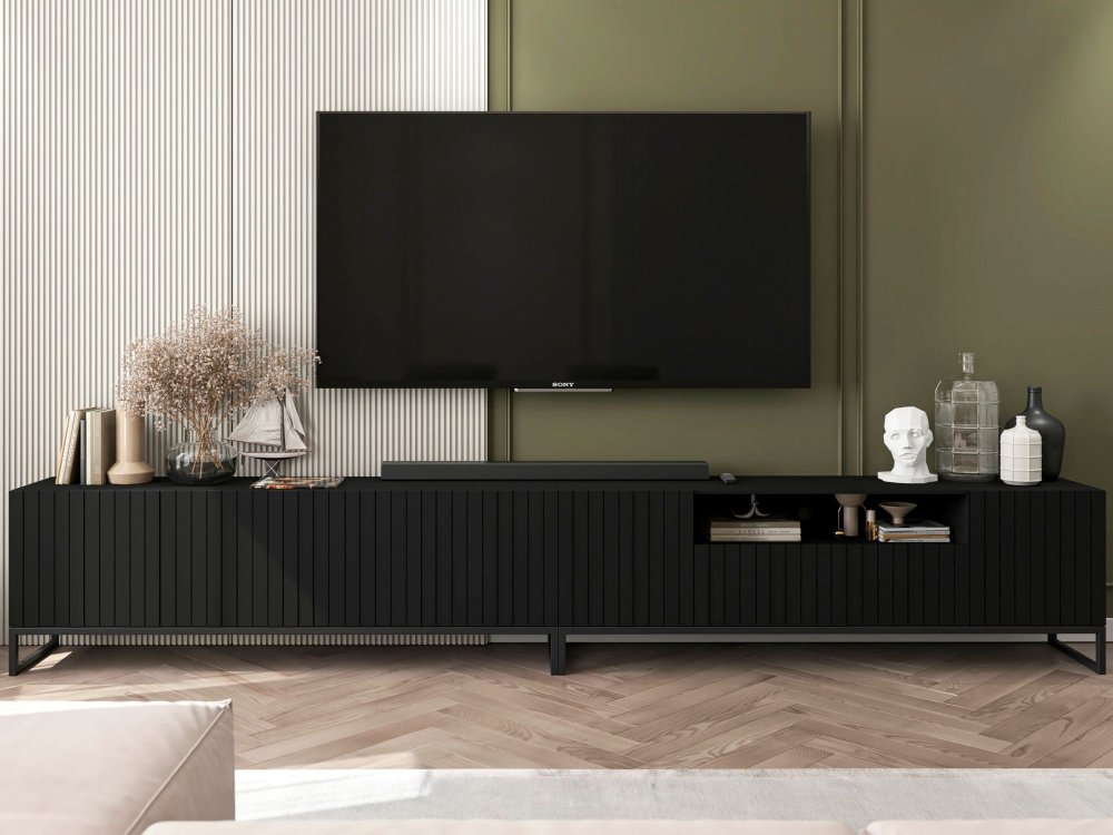 Stojąca szafka RTV Glamour ELPIS Czarny Mat 300 cm na czarnej ramie