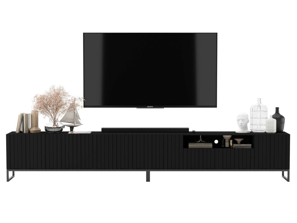 Stojąca szafka RTV Glamour ELPIS Czarny Mat 300 cm na czarnej ramie