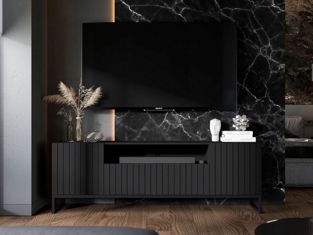 Stojąca szafka RTV Glamour ELPIS Czarny Mat 150 cm na czarnej ramie