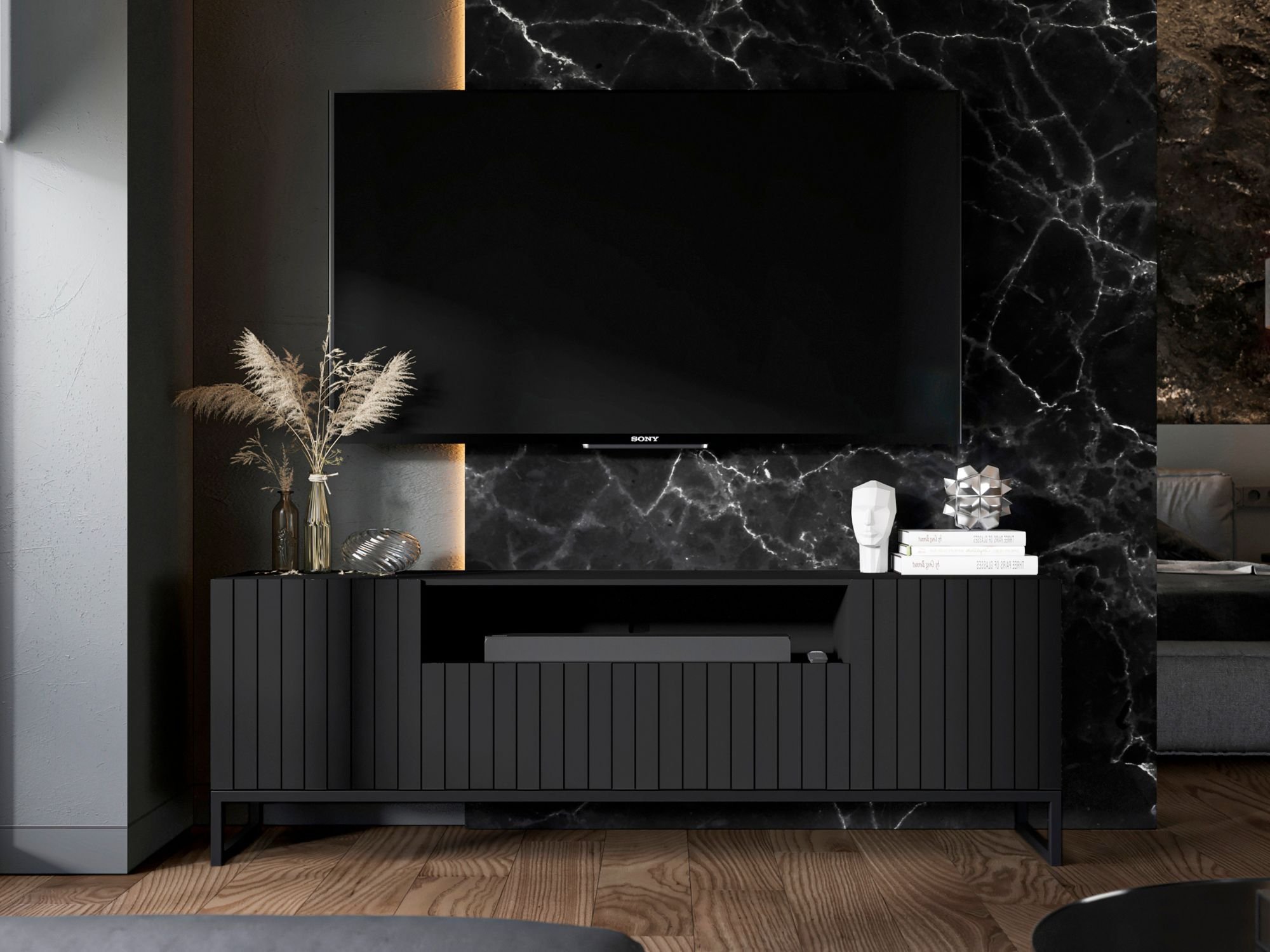 Stojąca szafka RTV Glamour ELPIS Czarny Mat 150 cm na czarnej ramie