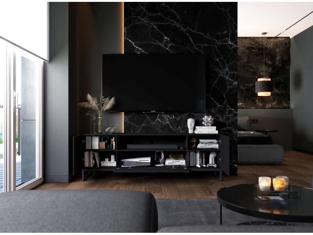 Stojąca szafka RTV Glamour ELPIS Czarny Mat 150 cm na czarnej ramie