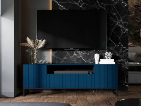 Stojąca szafka RTV Glamour ELPIS Granatowy Mat 150 cm na czarnej ramie1