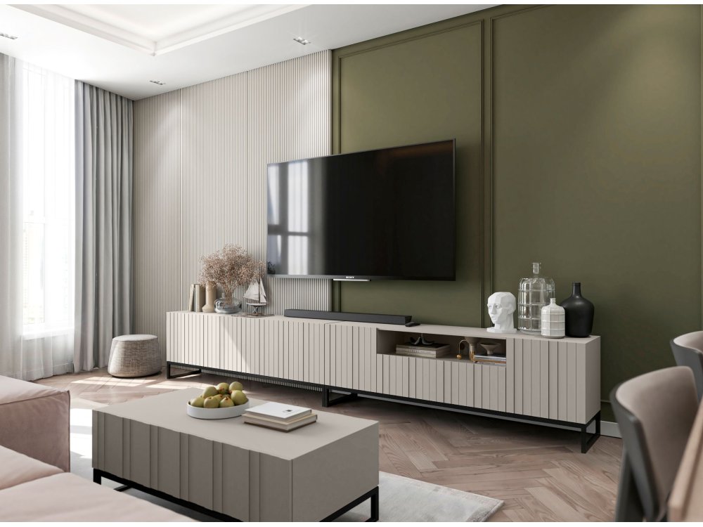 Stojąca szafka RTV Glamour ELPIS Kaszmir Mat 150 cm na czarnej ramie