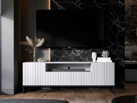 Stojąca szafka RTV Glamour ELPIS Biały Mat 150 cm na czarnej ramie1