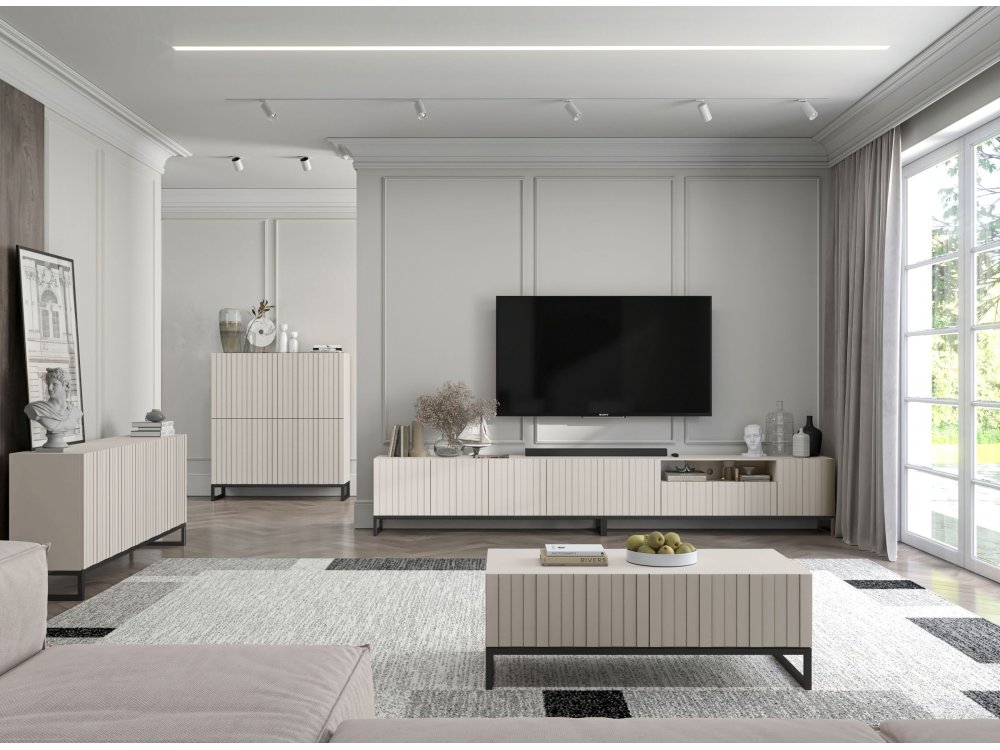 Stojąca szafka RTV Glamour ELPIS Kaszmir Mat 150 cm na czarnej ramie