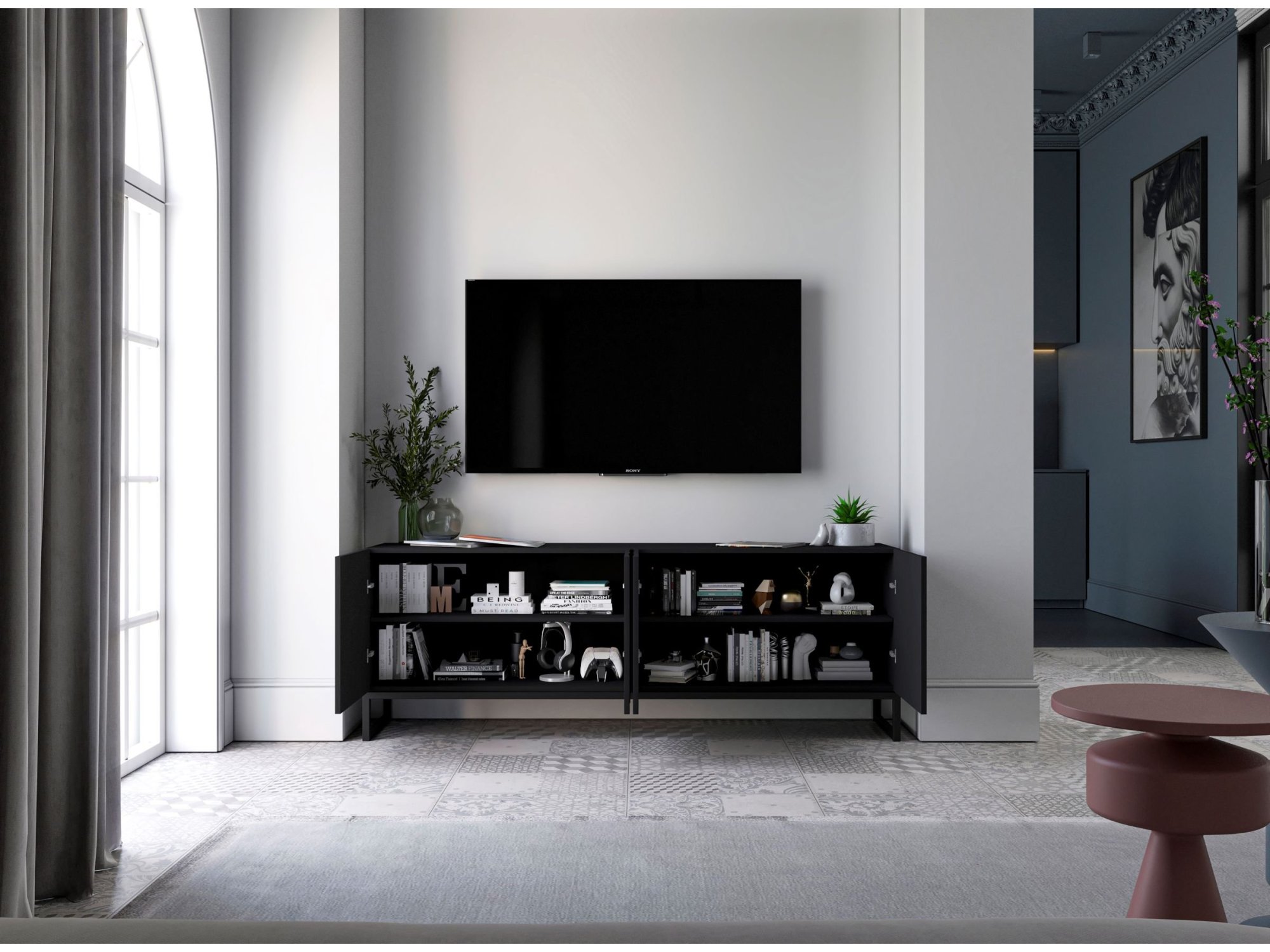 Szafka RTV Czarna Matowa, Loft, Glamour 150cm, Dobra Cena, Sklep Online