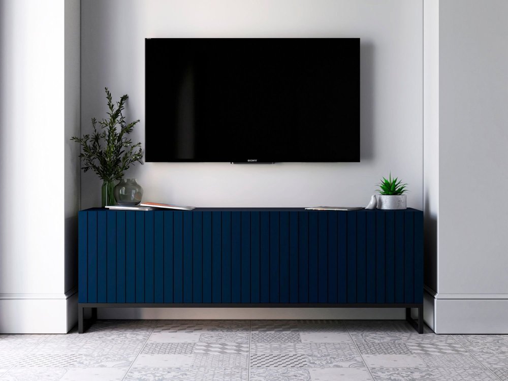 Stojąca szafka RTV Glamour ELPIS Granatowy Mat 150 cm na czarnej ramie