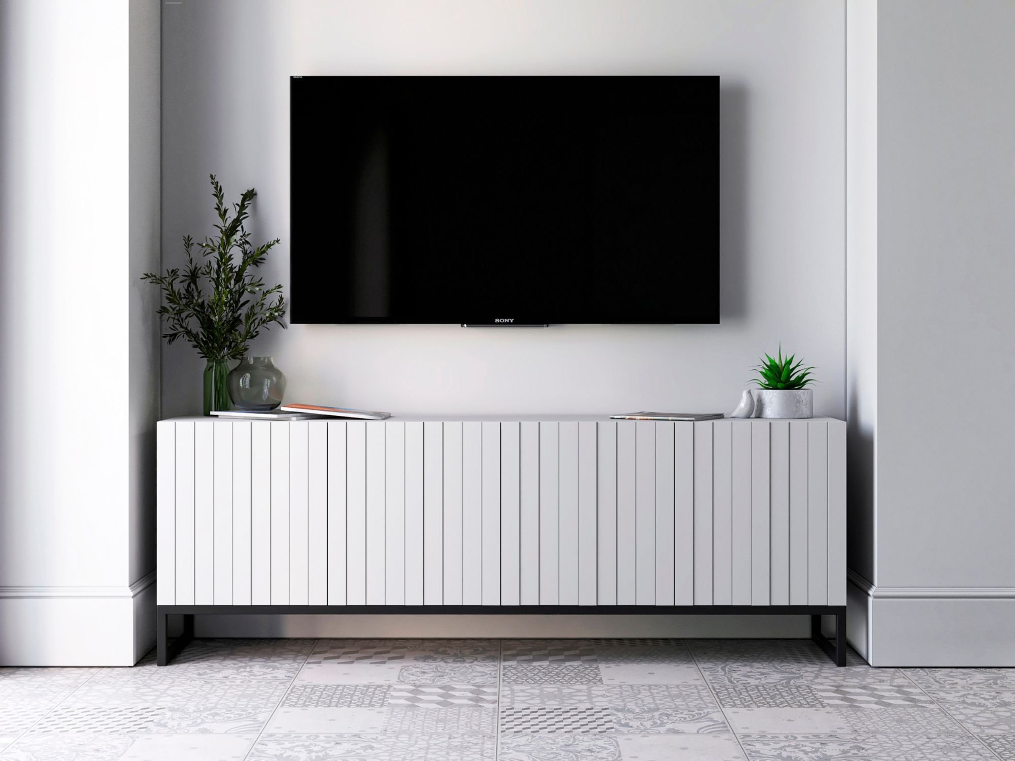 Stojąca szafka RTV Glamour ELPIS Biały Mat 150 cm na czarnej ramie