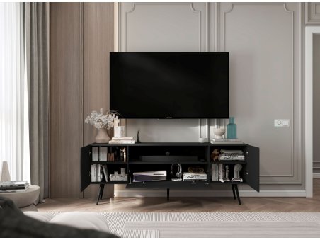 Stojąca szafka RTV Glamour ELPIS Czarny Mat 150 cm na czarnych nóżkach