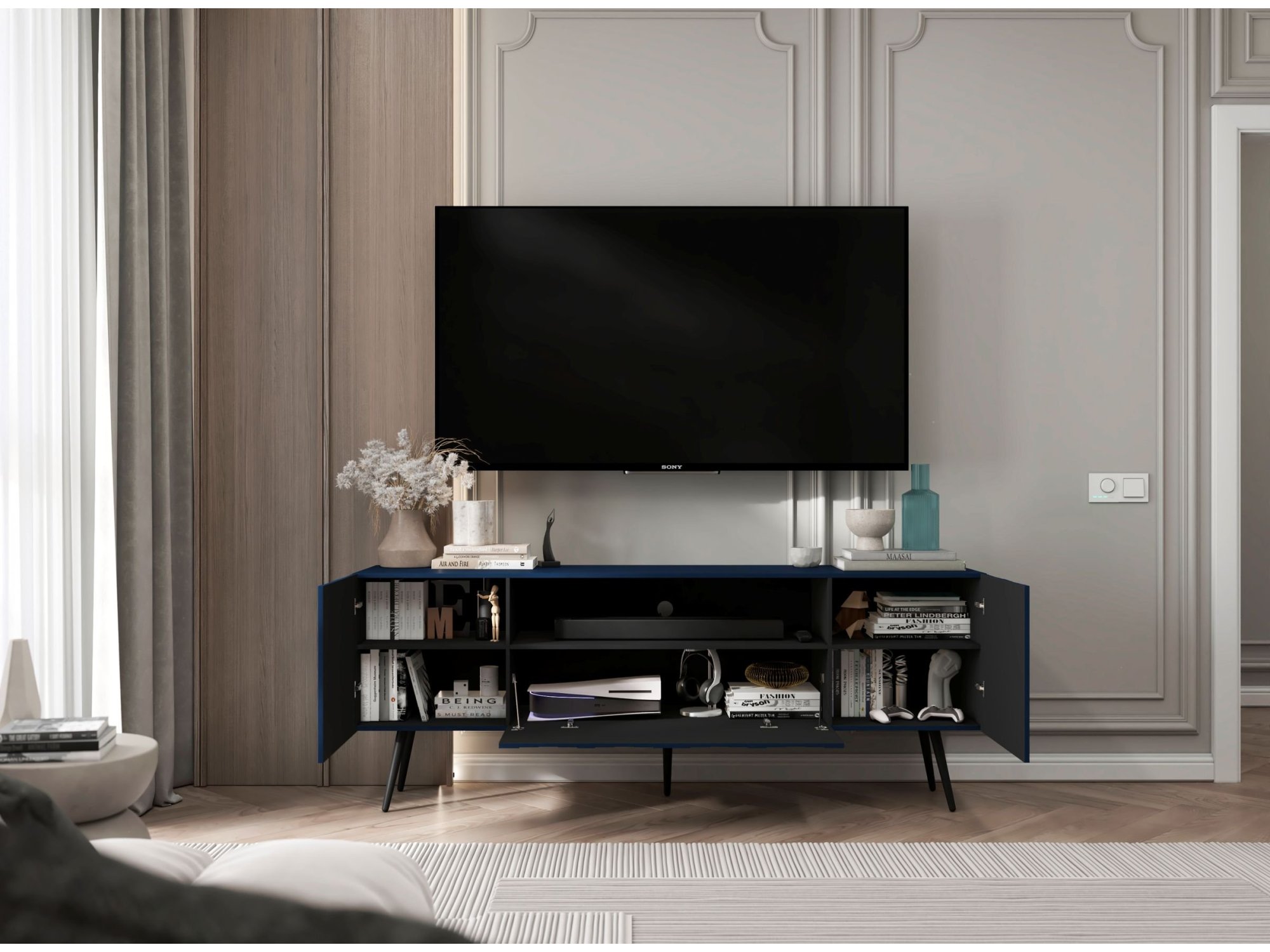 Stojąca szafka RTV Glamour ELPIS Granatowy Mat 150 cm na czarnych nóżkach