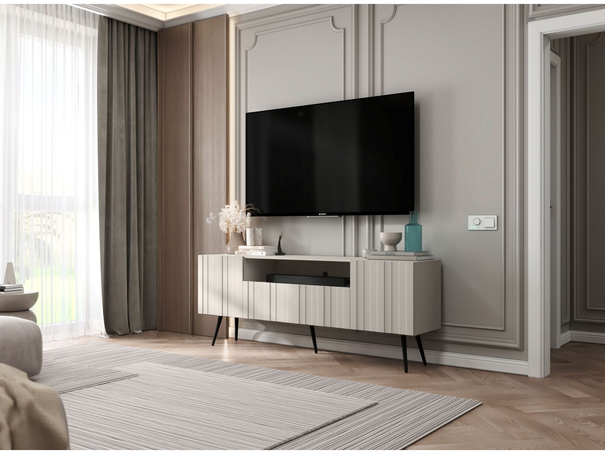 Stojąca szafka RTV Glamour ELPIS Kaszmir Mat 150 cm na czarnych nóżkach