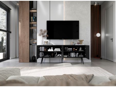 Stojąca szafka RTV Glamour ELPIS Czarny Mat 150 cm na czarnych nóżkach