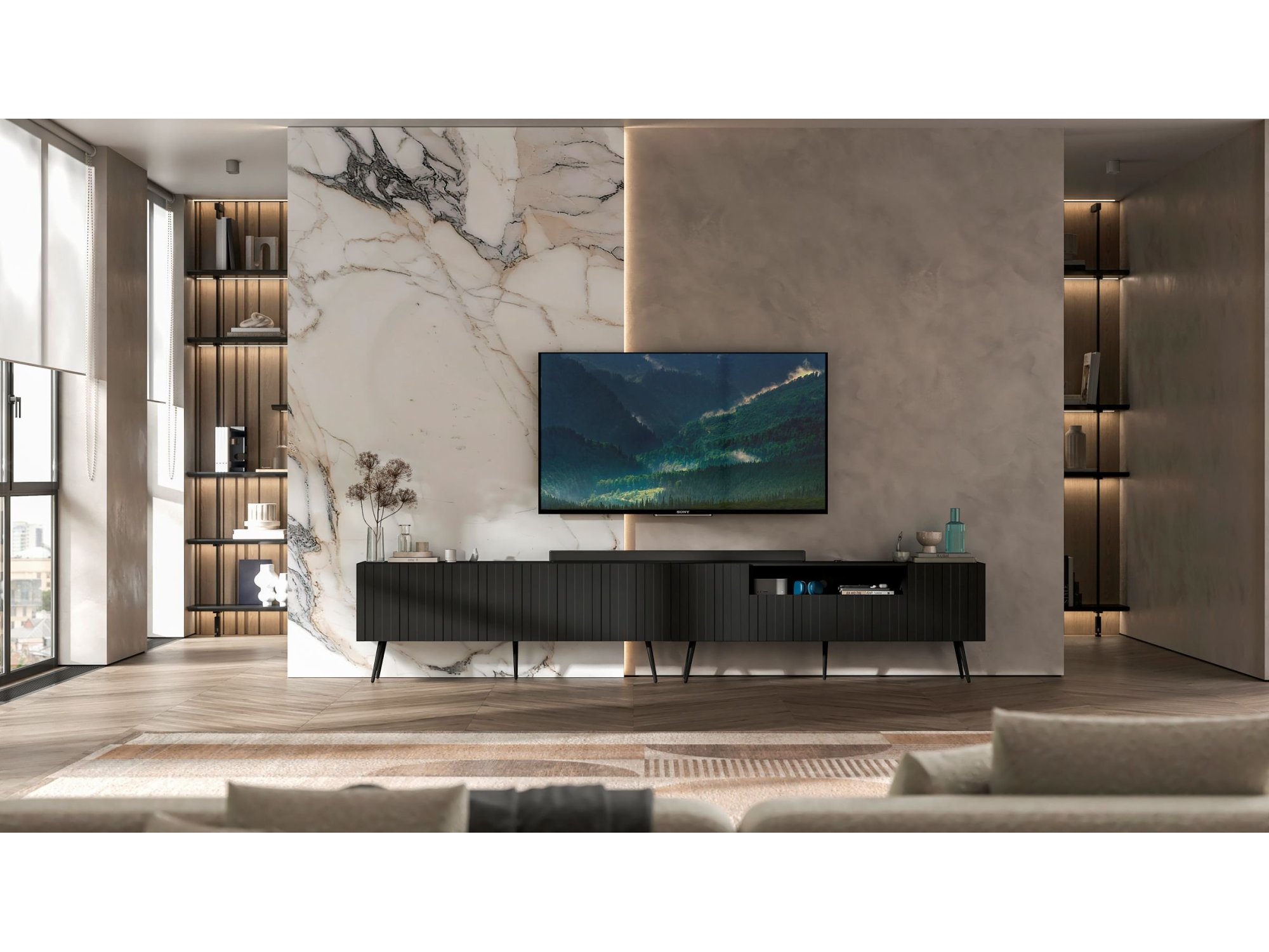 Stojąca szafka RTV Glamour ELPIS Czarny Mat 150 cm na czarnych nóżkach