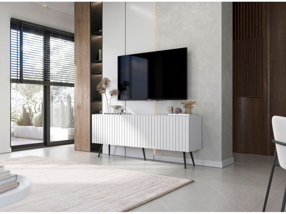 Stojąca szafka RTV Glamour ELPIS Biały Mat 150 cm na czarnych nóżkach