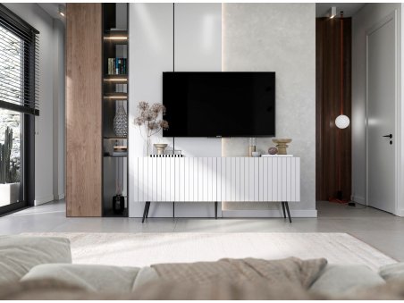 Stojąca szafka RTV Glamour ELPIS Biały Mat 150 cm na czarnych nóżkach2