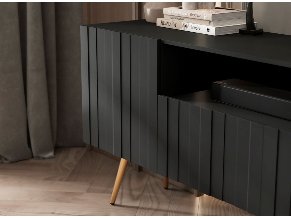 Stojąca szafka RTV Glamour ELPIS Czarny Mat 150 cm na złotych nóżkach