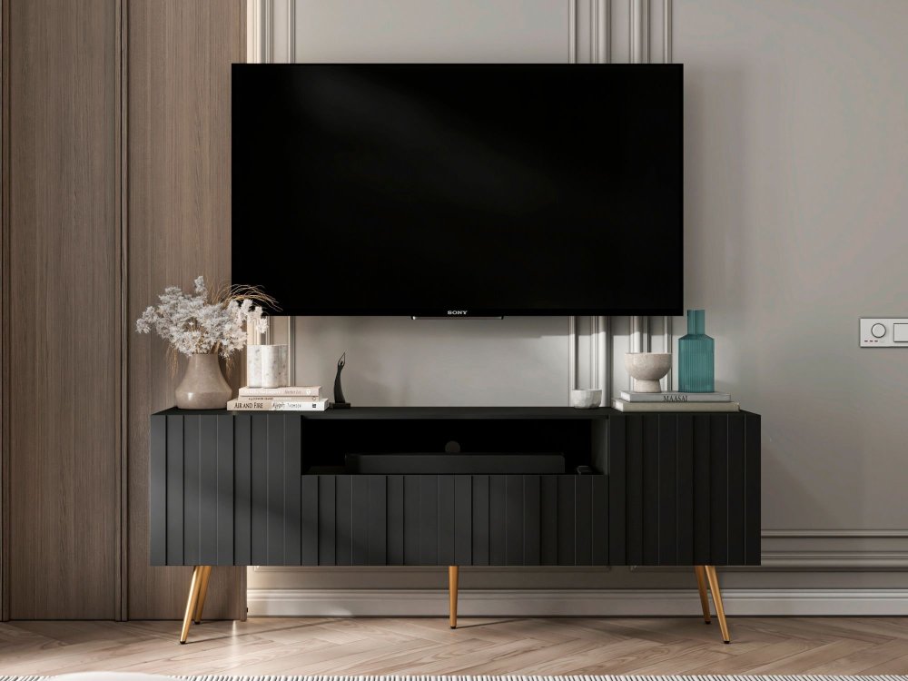 Stojąca szafka RTV Glamour ELPIS Czarny Mat 150 cm na złotych nóżkach