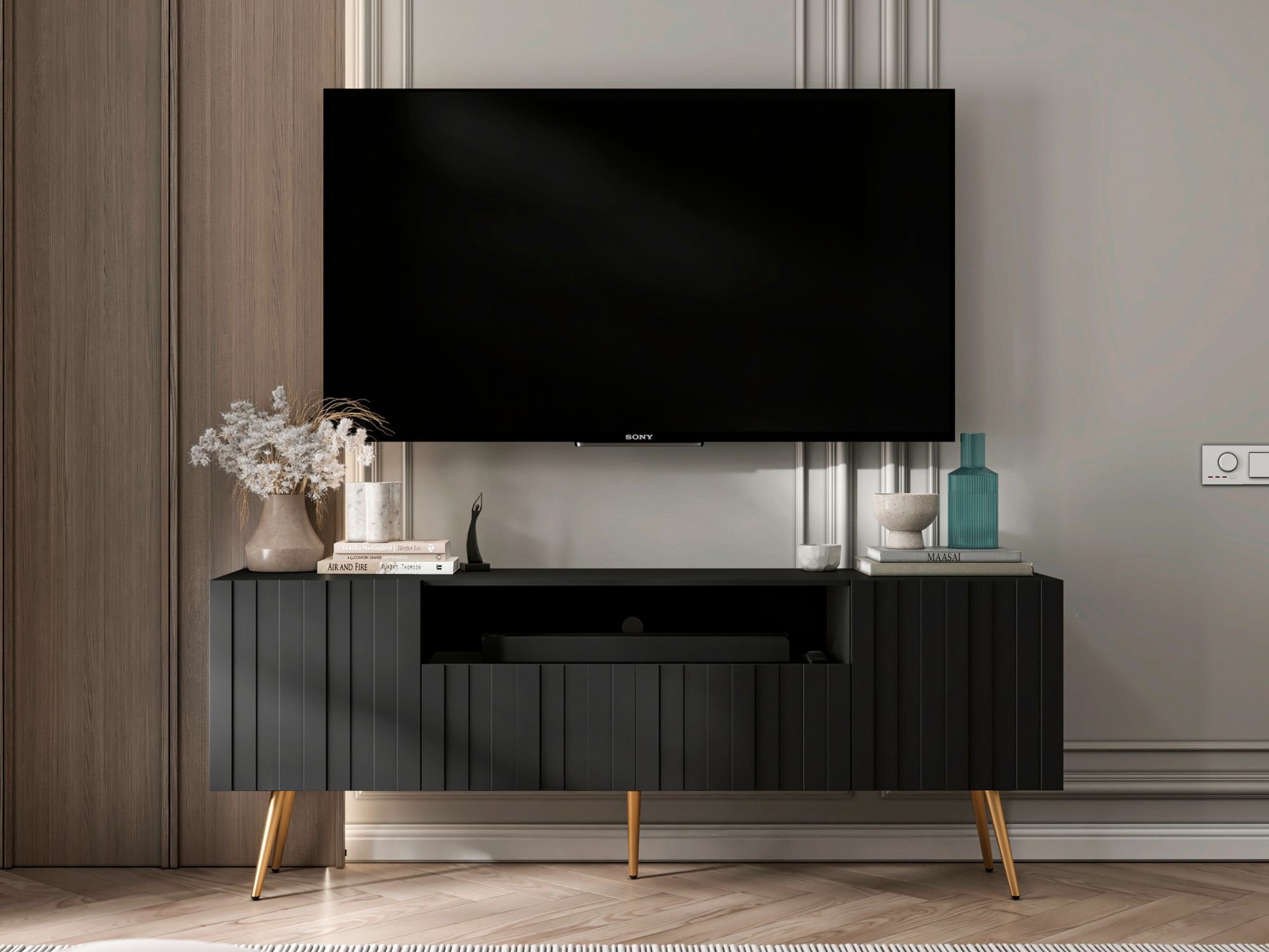 Stojąca szafka RTV Glamour ELPIS Czarny Mat 150 cm na złotych nóżkach