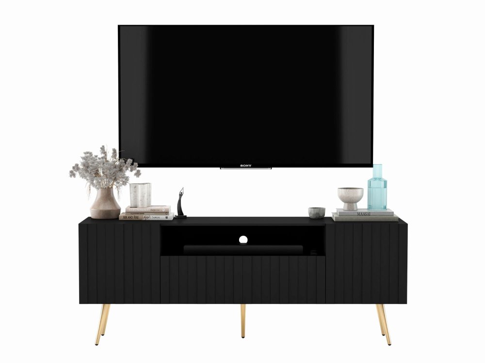 Stojąca szafka RTV Glamour ELPIS Czarny Mat 150 cm na złotych nóżkach