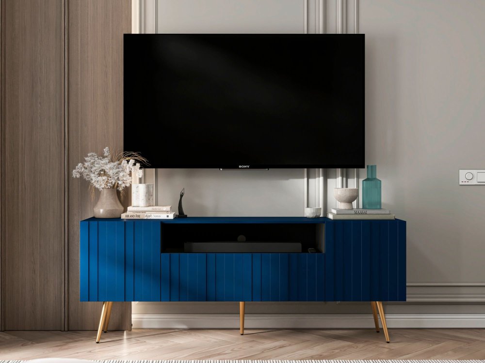 Stojąca szafka RTV Glamour ELPIS Granatowy Mat 150 cm na złotych nóżkach