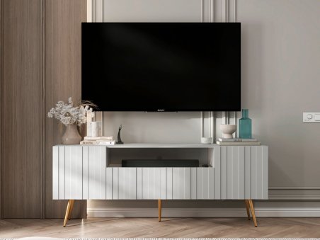 Stojąca szafka RTV Glamour ELPIS Biały Mat 150 cm na złotych nóżkach1