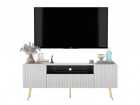 Stojąca szafka RTV Glamour ELPIS Biały Mat 150 cm na złotych nóżkach